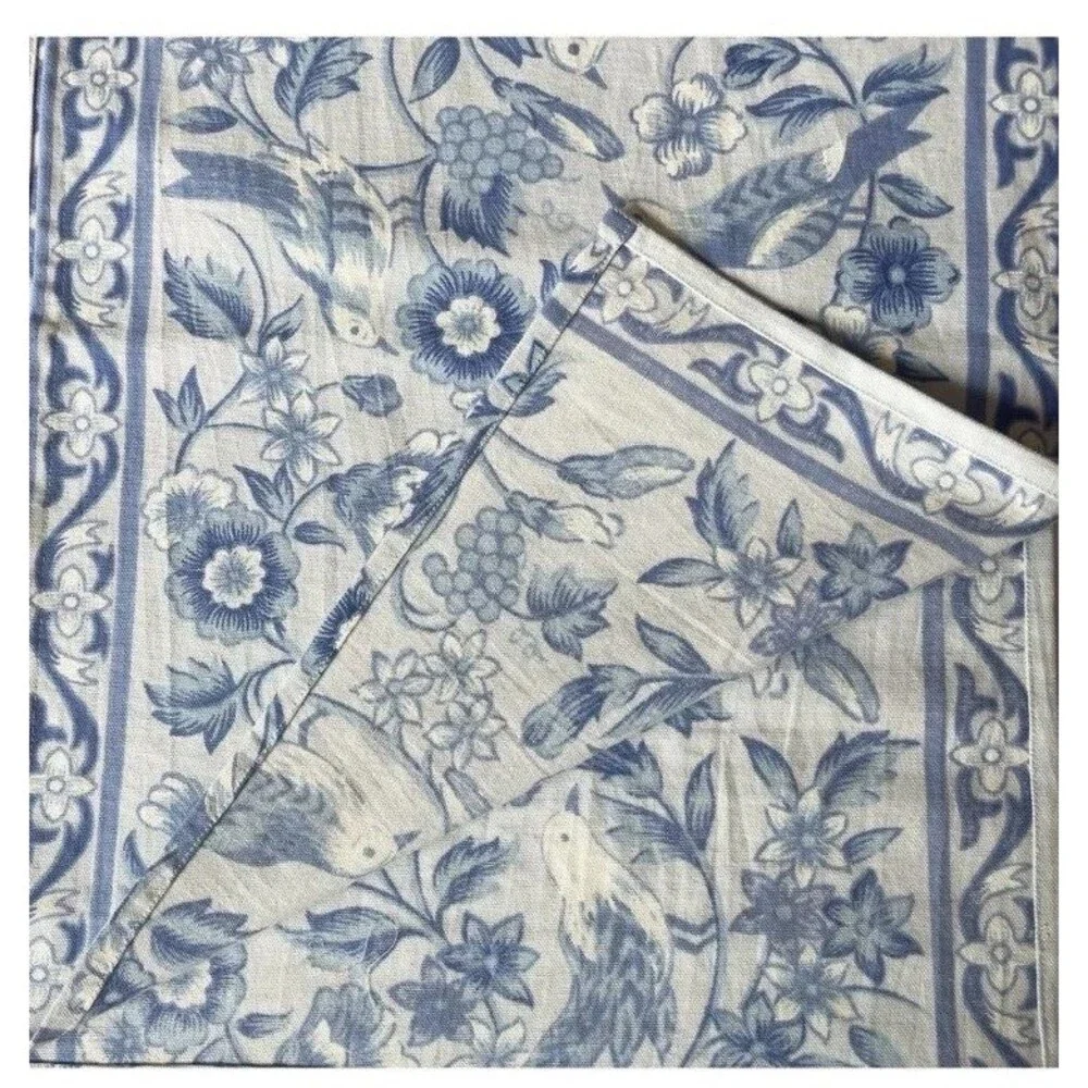 April Cornell Blue Table Runner 16x90 Floral Birds 100% Cotton French Country
